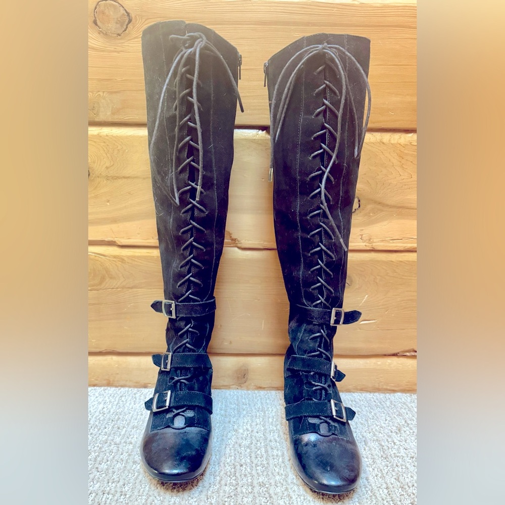 ANTHROPOLOGIE Super sexy suede and leather tie-front, side-zip black boots